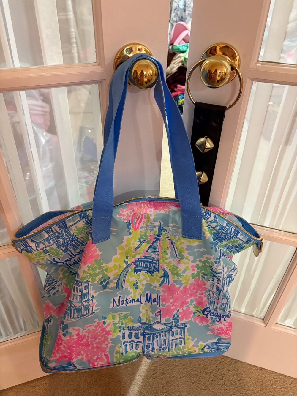 Lilly Loves DC Blue Floral Canvas Packable Tote Bag with Pink & Green Accents